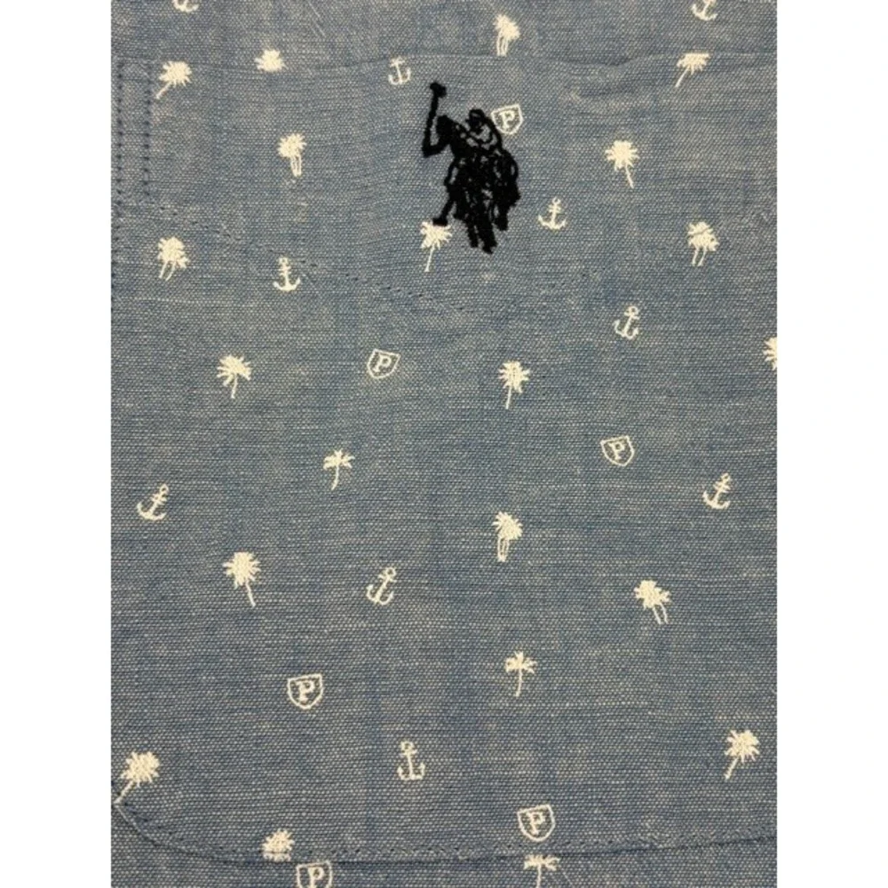 U.S. Polo Assn. Mens 2XL Light Blue Palm Tree Anchor Tropical Summer Woven Shirt